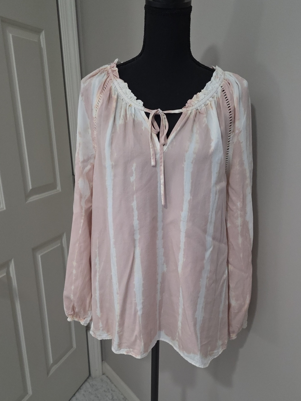Boho Tie-Neck Peasant Top in Pale Pink and White